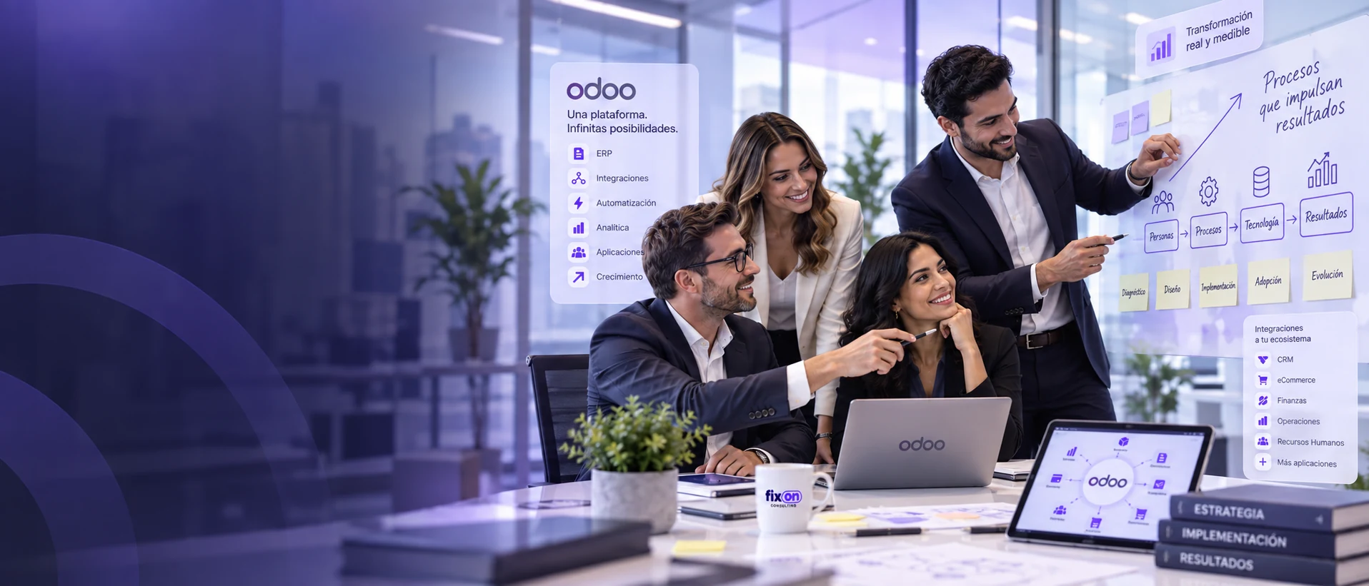 Equipo de consultoría diseñando procesos e implementación Odoo